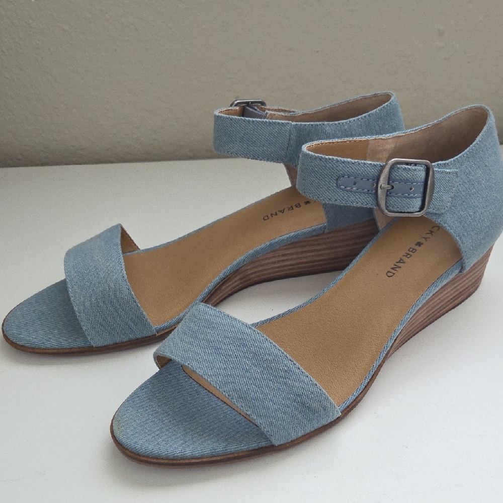 Lucky Brand Light Blue Denim Ankle-Strap Wedge Sandals